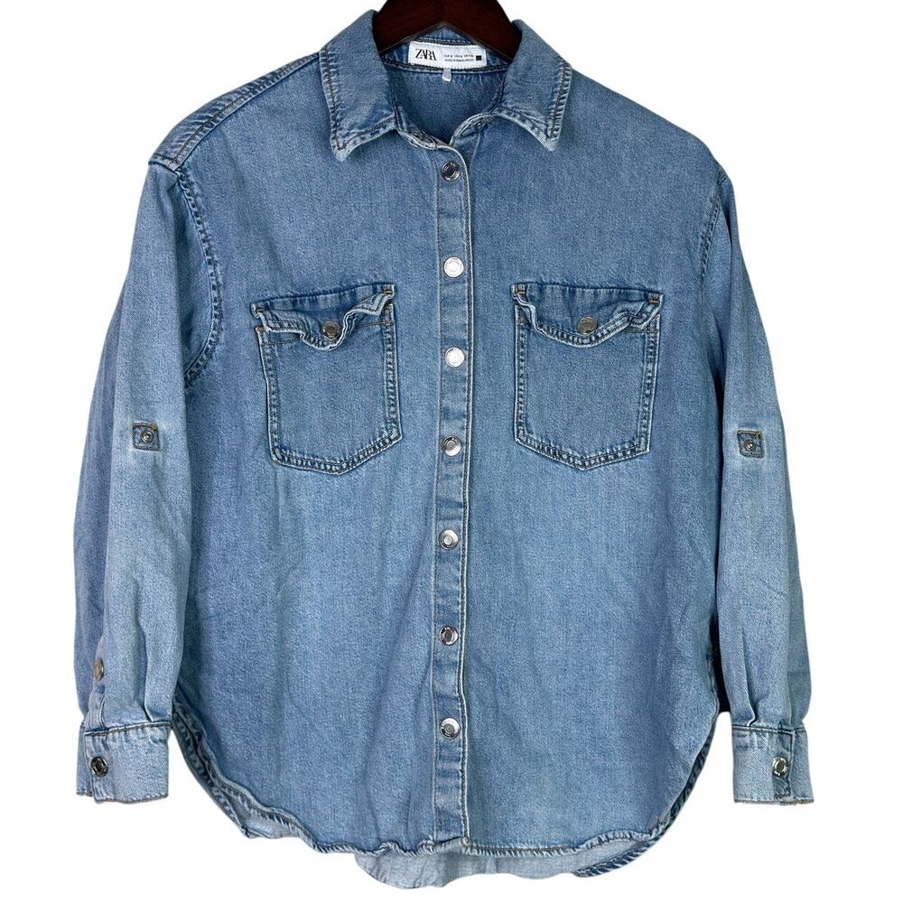 Zara Denim Snap Button Down Collard Western Style Long Sleeve Denim Shirt S Blue
